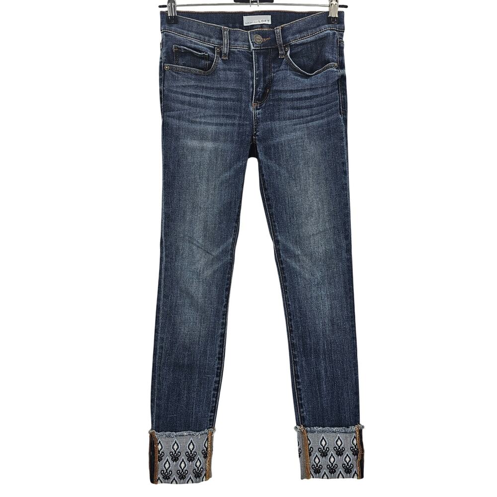 Loft Womans size 0/25 Embroidered Cuffed Ankle Modern Skinny Denim Jeans Blue